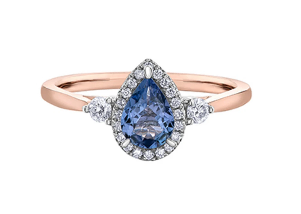 14K Rose Gold Genuine Pear Shape Tanzanite and 0.21cttw Canadian Diamond Ring, 6.5