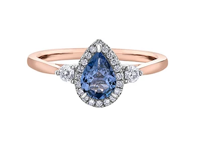 14K Rose Gold Genuine Pear Shape Tanzanite and 0.21cttw Canadian Diamond Ring, 6.5