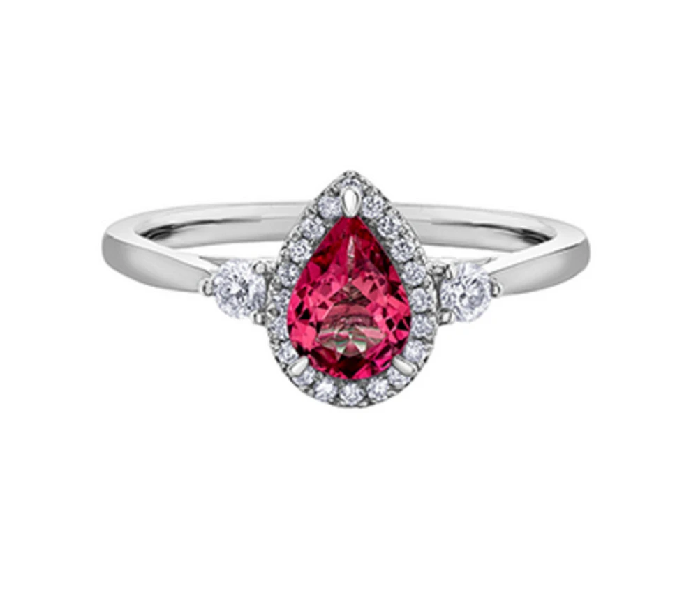14K White Gold Genuine Pear Shape Ruby and 0.21cttw Canadian Diamond Ring, 6.5
