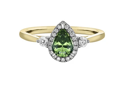 14K Yellow Gold Pear Shape Green Sapphire & Canadian Diamond Ring, 6.5