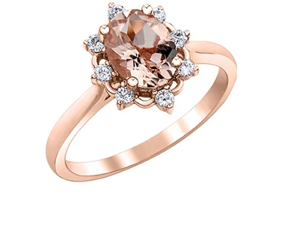 14K Rose Gold Genuine Oval Shape Morganite & 0.16cttw Canadian Diamond Ring, 6.5