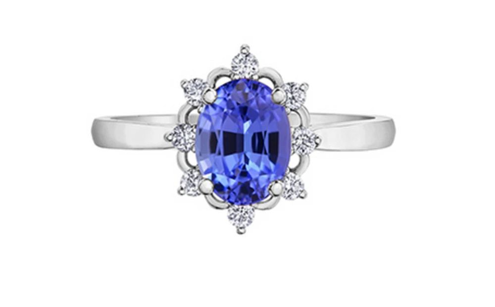 14K White Gold Genuine Oval Shape Tanzanite and 0.16cttw Canadian Diamond Ring, 6.5