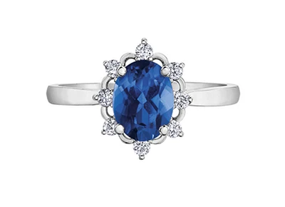 14K White Gold Oval Blue Sapphire & 0.16cttw Canadian Diamond Ring, 6.5