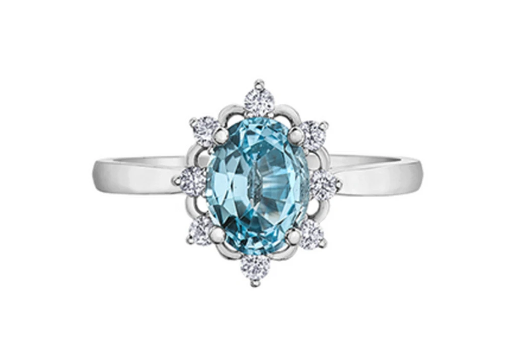 14K White Gold Genuine Oval Aquamarine and 0.16cttw Canadian Diamond Ring, 6.5