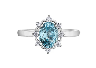 14K White Gold Genuine Oval Aquamarine and 0.16cttw Canadian Diamond Ring, 6.5