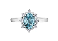 14K White Gold Genuine Oval Aquamarine and 0.16cttw Canadian Diamond Ring, 6.5