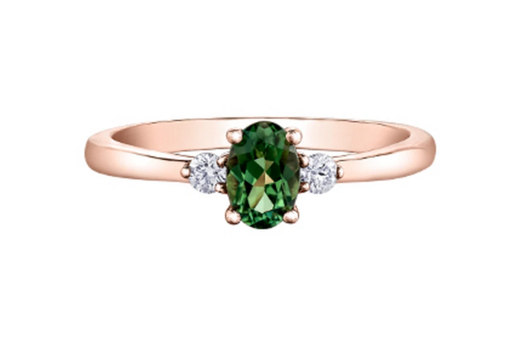 14K Rose Gold Oval Green Sapphire & 0.08cttw Canadian Diamond Ring, 6.5