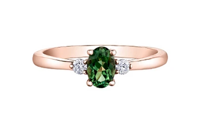 14K Rose Gold Oval Green Sapphire & 0.08cttw Canadian Diamond Ring, 6.5