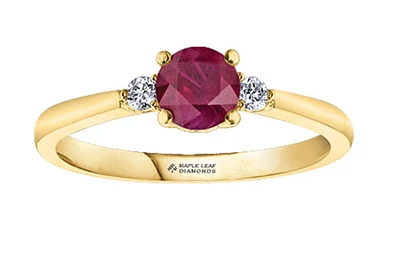 14K Yellow Gold Genuine Round Ruby and 0.08cttw Canadian Diamond Ring, 6.5