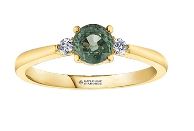 14K Yellow Gold Round Green Sapphire & 0.08cttw Canadian Diamond Ring, 6.5