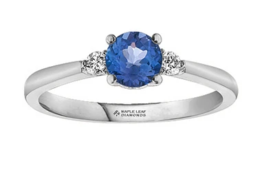 14K White Gold Genuine Round Tanzanite and 0.08cttw Canadian Diamond Ring, 6.5