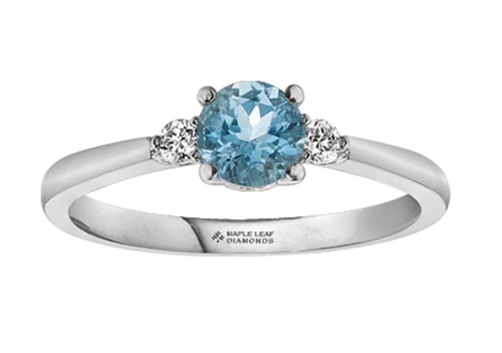 14K White Gold Genuine Round Aquamarine and 0.08cttw Canadian Diamond Ring, 6.5