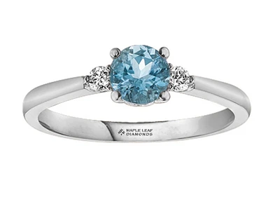 14K White Gold Genuine Round Aquamarine and 0.08cttw Canadian Diamond Ring, 6.5