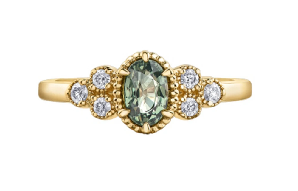 14K Yellow Gold Oval Green Sapphire & 0.14cttw Canadian Diamond Ring, 6.5