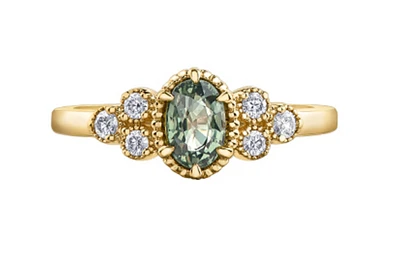 14K Yellow Gold Oval Green Sapphire & 0.14cttw Canadian Diamond Ring, 6.5