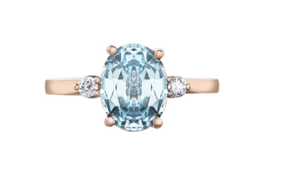 14K Rose Gold Genuine Aquamarine and 0.08cttw Canadian Diamond Ring, 6.5
