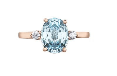 14K Rose Gold Genuine Aquamarine and 0.08cttw Canadian Diamond Ring, 6.5