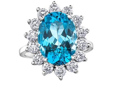 14K White Gold Genuine Blue Topaz and 0.84cttw Canadian Diamond Ring, 6.5