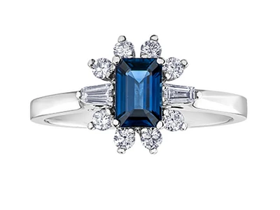 14K White Gold Emerald Shape Blue Sapphire & 0.27cttw Canadian Diamond Ring, 6.5