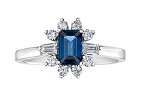 14K White Gold Emerald Shape Blue Sapphire & 0.27cttw Canadian Diamond Ring, 6.5
