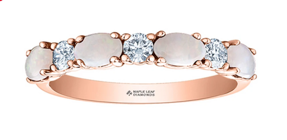 14K Rose Gold Genuine Oval Opal and 0.24cttw Canadian Diamond Ring, 6.5 Ring