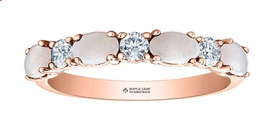 14K Rose Gold Genuine Oval Opal and 0.24cttw Canadian Diamond Ring, 6.5 Ring