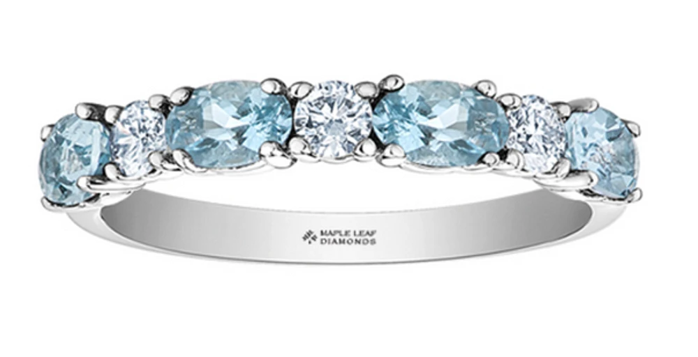 14K White Gold Genuine Round Aquamarine and 0.24cttw Canadian Diamond Ring, 6.5