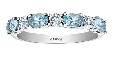 14K White Gold Genuine Round Aquamarine and 0.24cttw Canadian Diamond Ring, 6.5