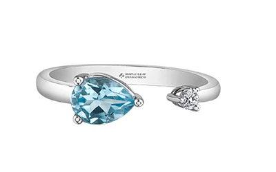 14K White Gold Genuine Aquamarine and 0.04cttw Canadian Diamond Ring, 6.5