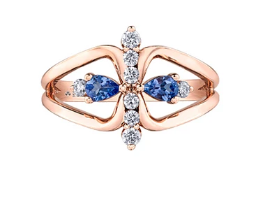 14K Rose Gold Genuine Pear Shape Tanzanite and 0.18cttw Canadian Diamond Ring, 6.5