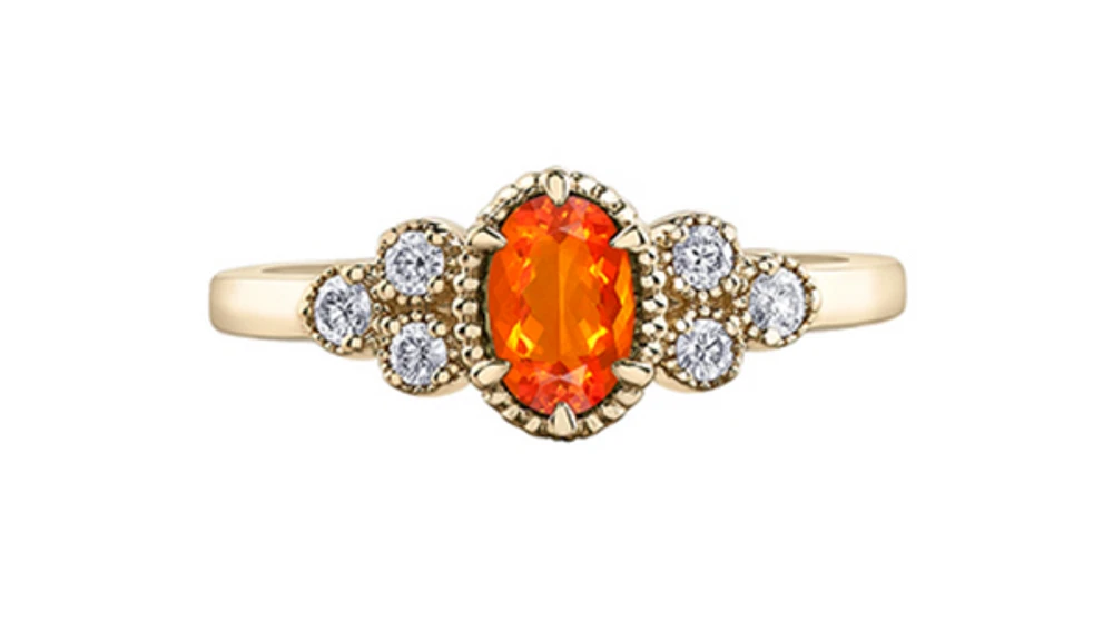 14K Yellow Gold Genuine Fire Opal and 0.14cttw Canadian Diamond Ring, 6.5