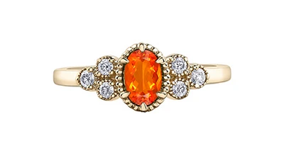 14K Yellow Gold Genuine Fire Opal and 0.14cttw Canadian Diamond Ring, 6.5