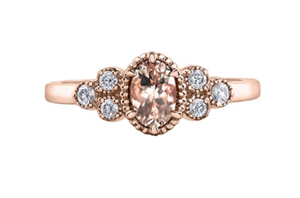 14K Rose Gold Genuine Oval Morganite & 0.14cttw Canadian Diamond Ring, 6.5