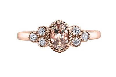 14K Rose Gold Genuine Oval Morganite & 0.14cttw Canadian Diamond Ring, 6.5