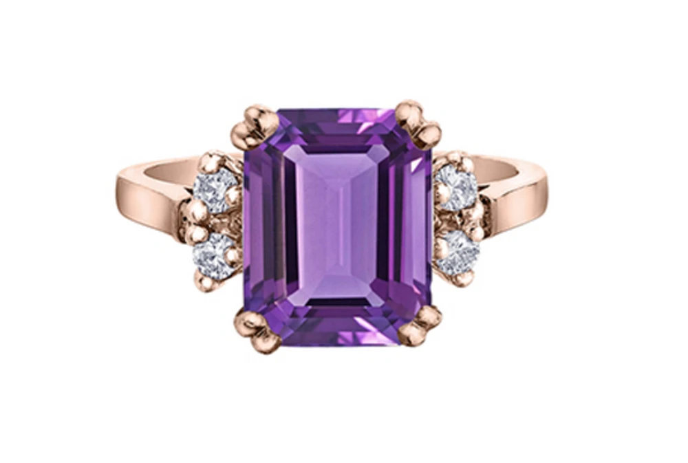 14K Rose Gold Genuine Amethyst and 0.16cttw Canadian Diamond Ring, 6.5 - / 5