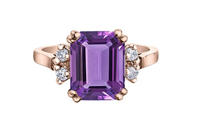 14K Rose Gold Genuine Amethyst and 0.16cttw Canadian Diamond Ring, 6.5 - / 5