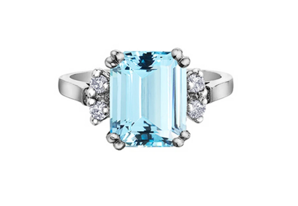 14K White Gold Genuine Aquamarine and 0.16cttw Canadian Diamond Ring, 6.5
