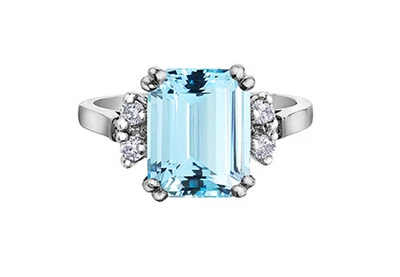 14K White Gold Genuine Aquamarine and 0.16cttw Canadian Diamond Ring, 6.5