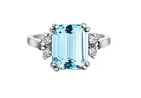 14K White Gold Genuine Aquamarine and 0.16cttw Canadian Diamond Ring, 6.5