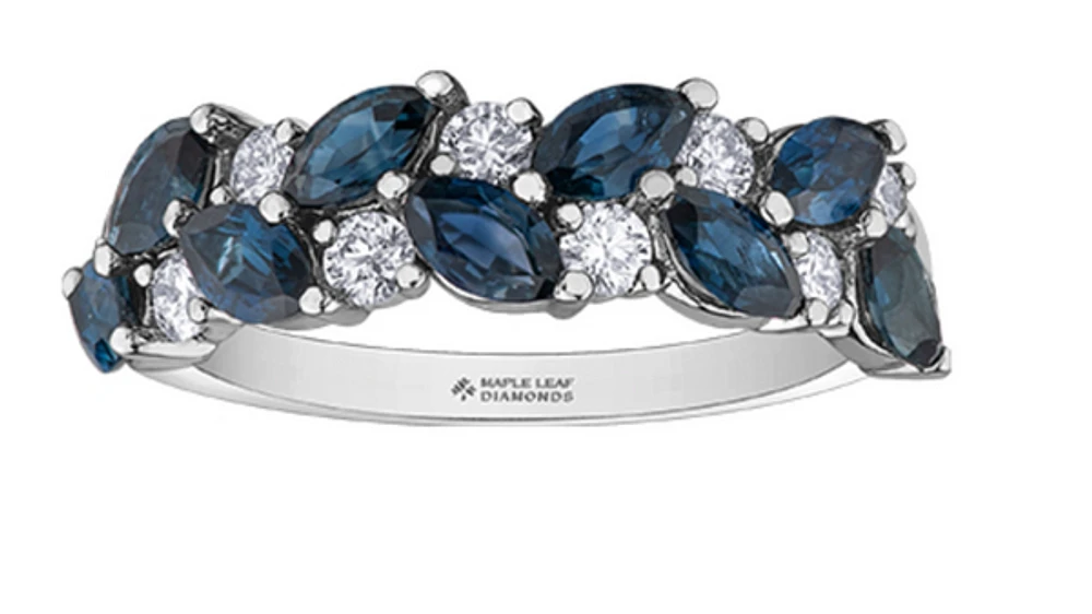 14K White Gold Blue Sapphire & 0.36cttw Canadian Diamond Ring, 6.5