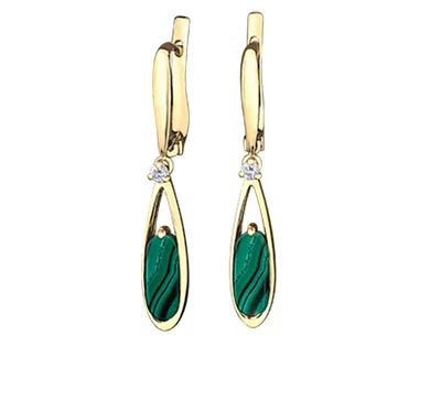 10K Yellow Gold Genuine Malachite & 0.08cttw Canadian Diamond Dangle Stud Earrings