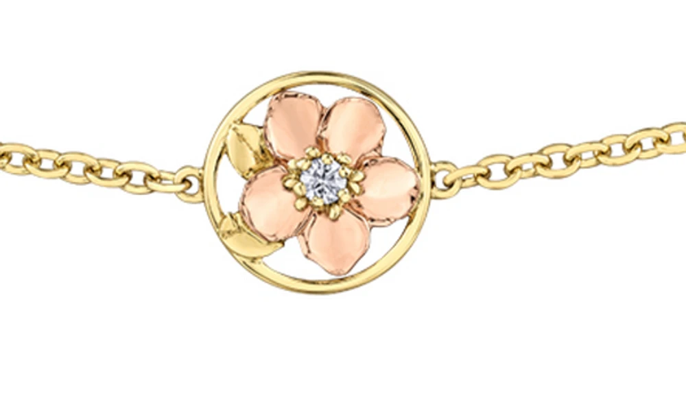 14K Yellow & Rose Gold 0.04cttw Nova Scotia Provincial Flower Diamond Bracelet