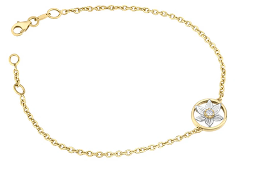 14K White & Yellow Gold 0.04cttw Manitoba Prairie Crocus Provincial Flower Diamond Bracelet