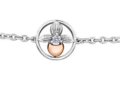 14K White & Rose Gold 0.04cttw Prince Edward Island Lady's Slipper Provincial Flower Diamond Bracelet