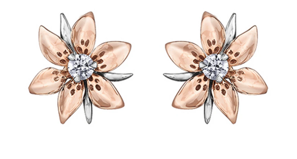 14K Rose and White Gold 0.13cttw Saskatchewan Provincial Flower Diamond Stud Earrings
