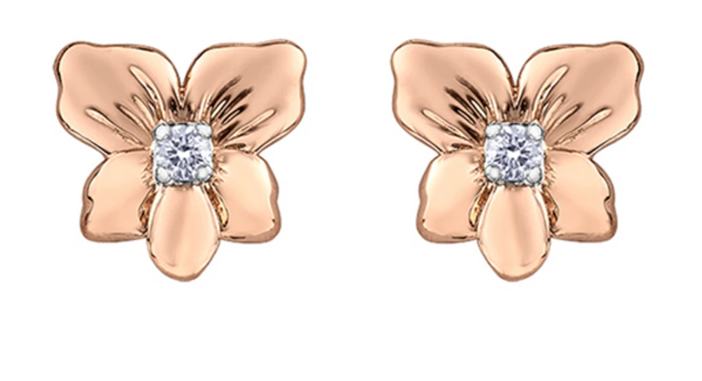 14K Rose & White Gold 0.12cttw Yukon Provincial Flower Diamond Stud Earrings