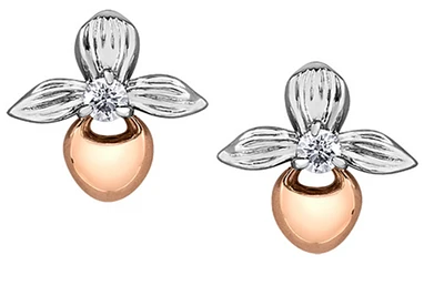 14K White & Rose Gold 0.15cttw Prince Edward Island Lady's Slipper Provincial Flower Diamond Stud Earrings