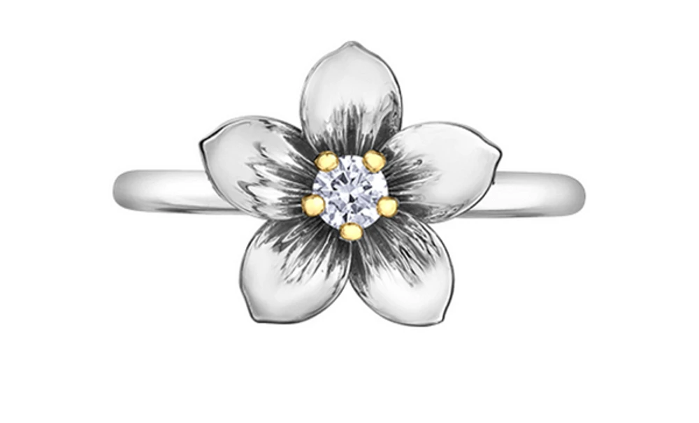 14K White & Yellow Gold 0.12cttw New Brunswick Provincial Flower Diamond Ring, size 6.5