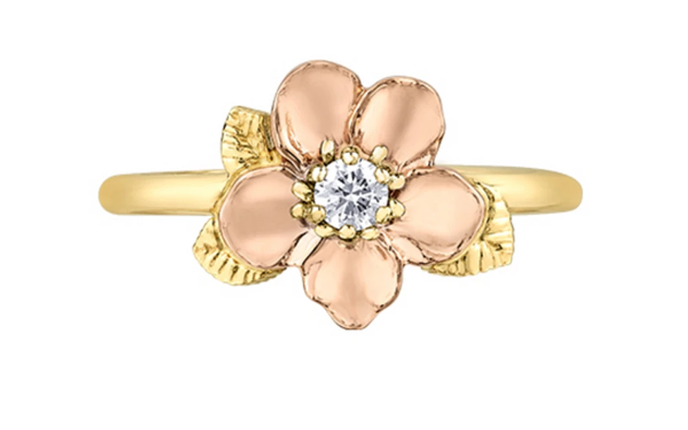 14K Rose & Yellow Gold 0.09cttw Nova Scotia Provincial Flower Diamond Ring, size 6.5