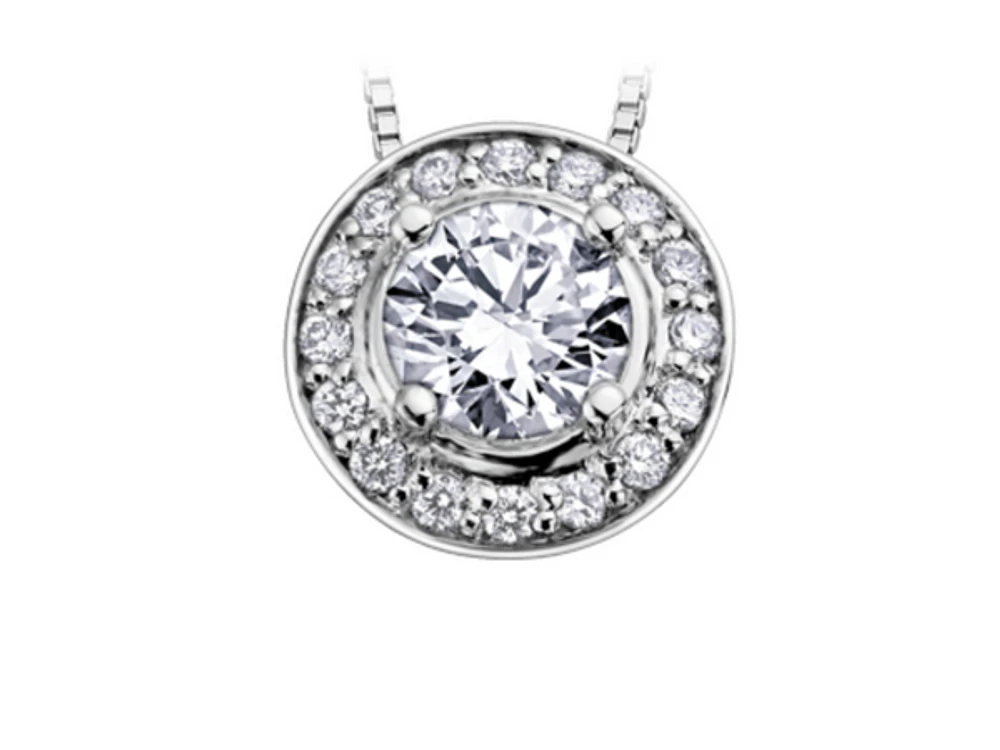 18K White Gold & Palladium Alloy(hypoallergenic) 0.18cttw Canadian Diamond Halo Pendant - 14K